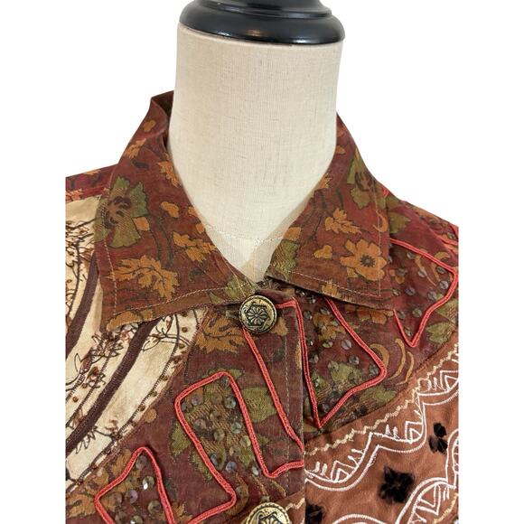 Vtg 90s Life Style Petite Jacket Patch‎ Work Velvet Burn Out Fall Boho Sz M Art - Picture 8 of 13